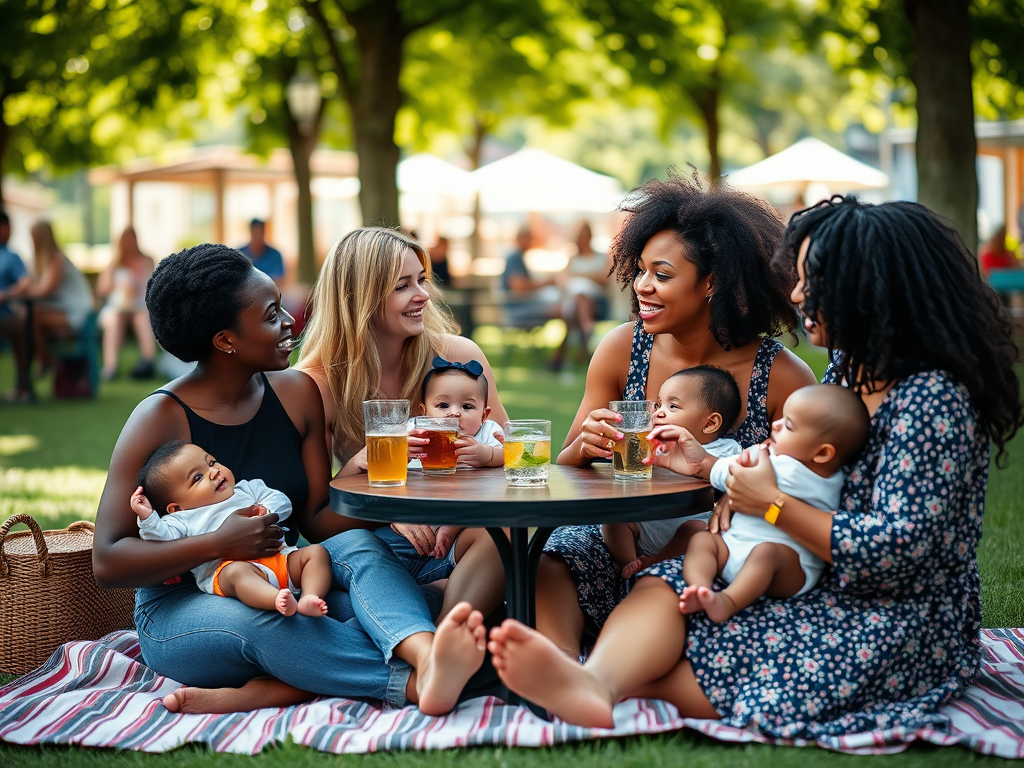 Four moms of different races (a Black African woman, a blonde white woman, a brunette white woman, and a mixed-race woman) in Valby Park near the beach, Copenhagen, having a beverage in summer at a cafe outdoors. They are holding their babies of different races all under 6 months, sitting on a picnic blanket in a circle, and laughing.