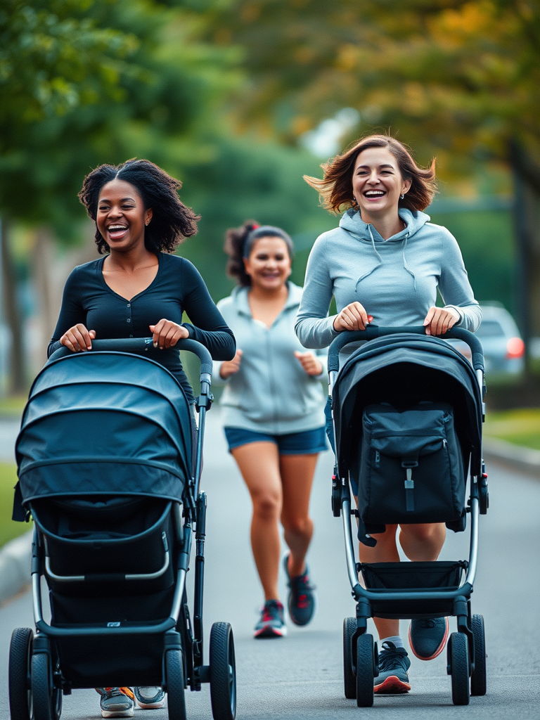 three moms (one Black, one White, and one Asian) running with their jogging strollers, laughing
